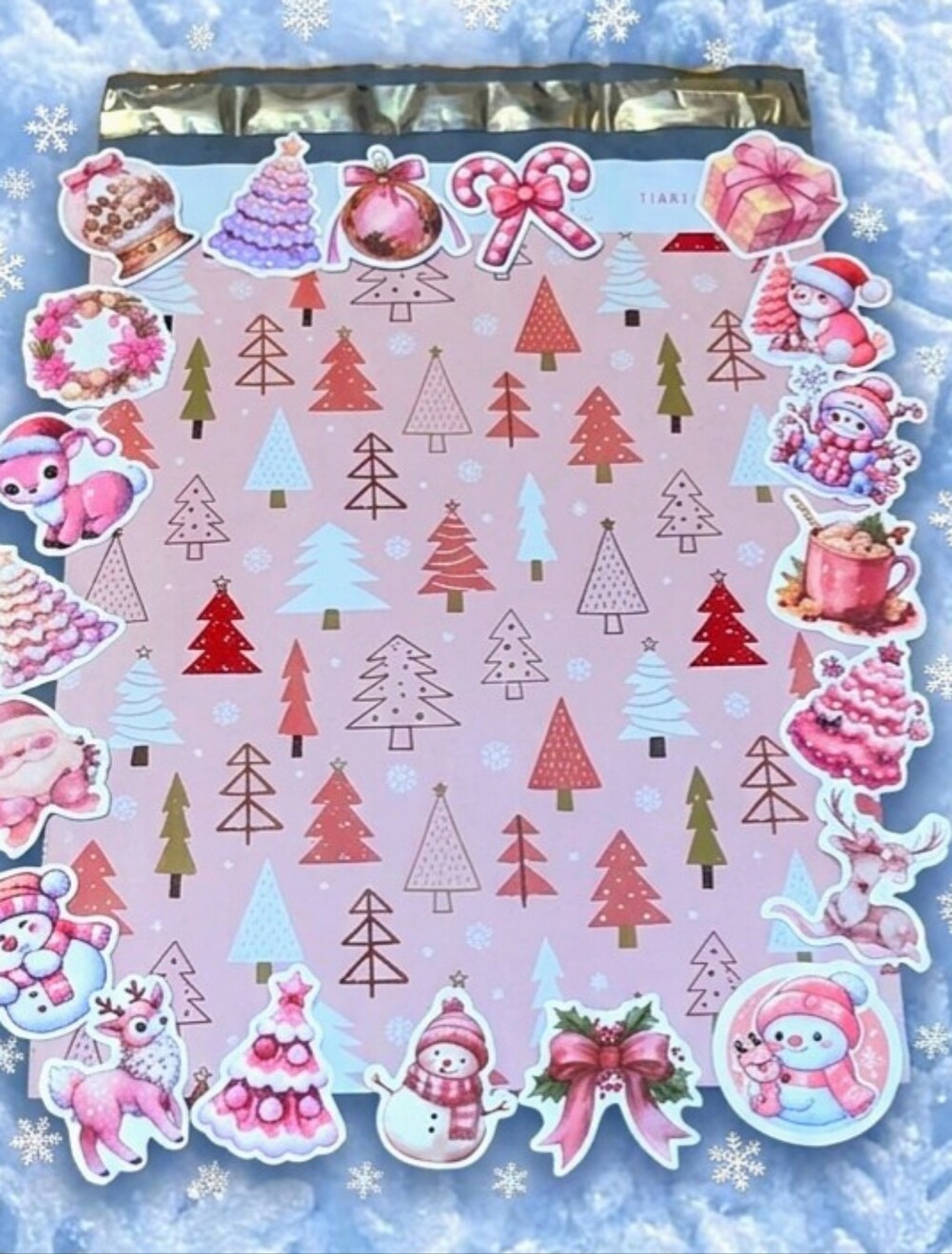 Poly Mailer Set 25 (10×13) + 25 Assorted Vinyl Stickers - Pink Christmas Tree
